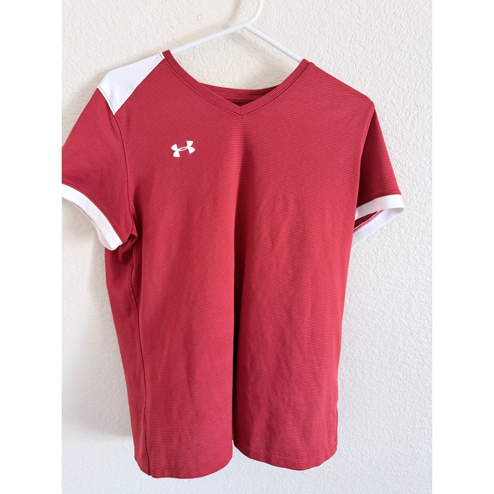 Under Armour HeatGear Womens Large Red White V-Neck Athletic Training Shirt